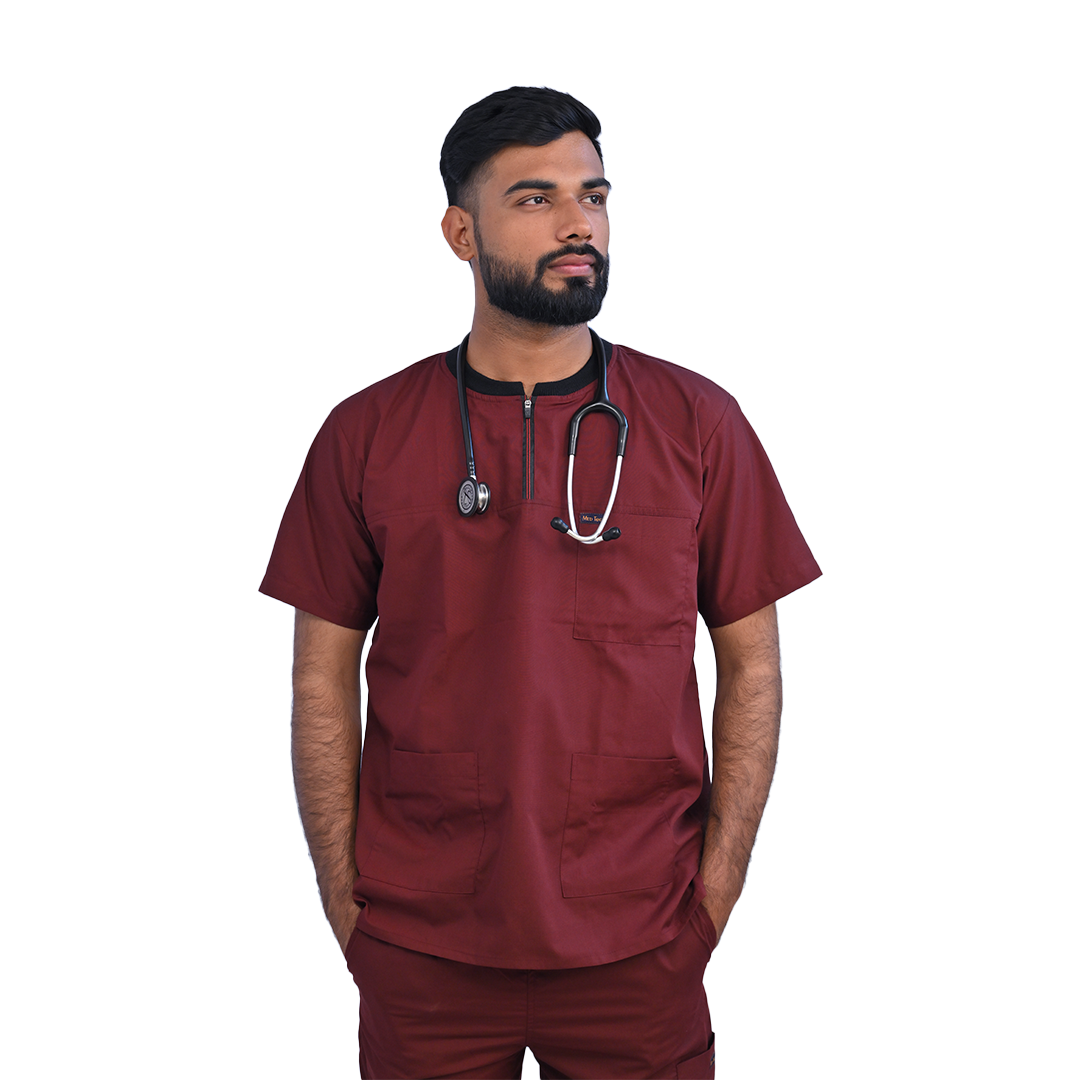 Maroon scrubs for doctors and nurses. Comfortable scrubs for healthcare professionals. Cargo pocket scrub pants in jogger pant and straight pant. Custom sizing, hospital logo and doctor name available