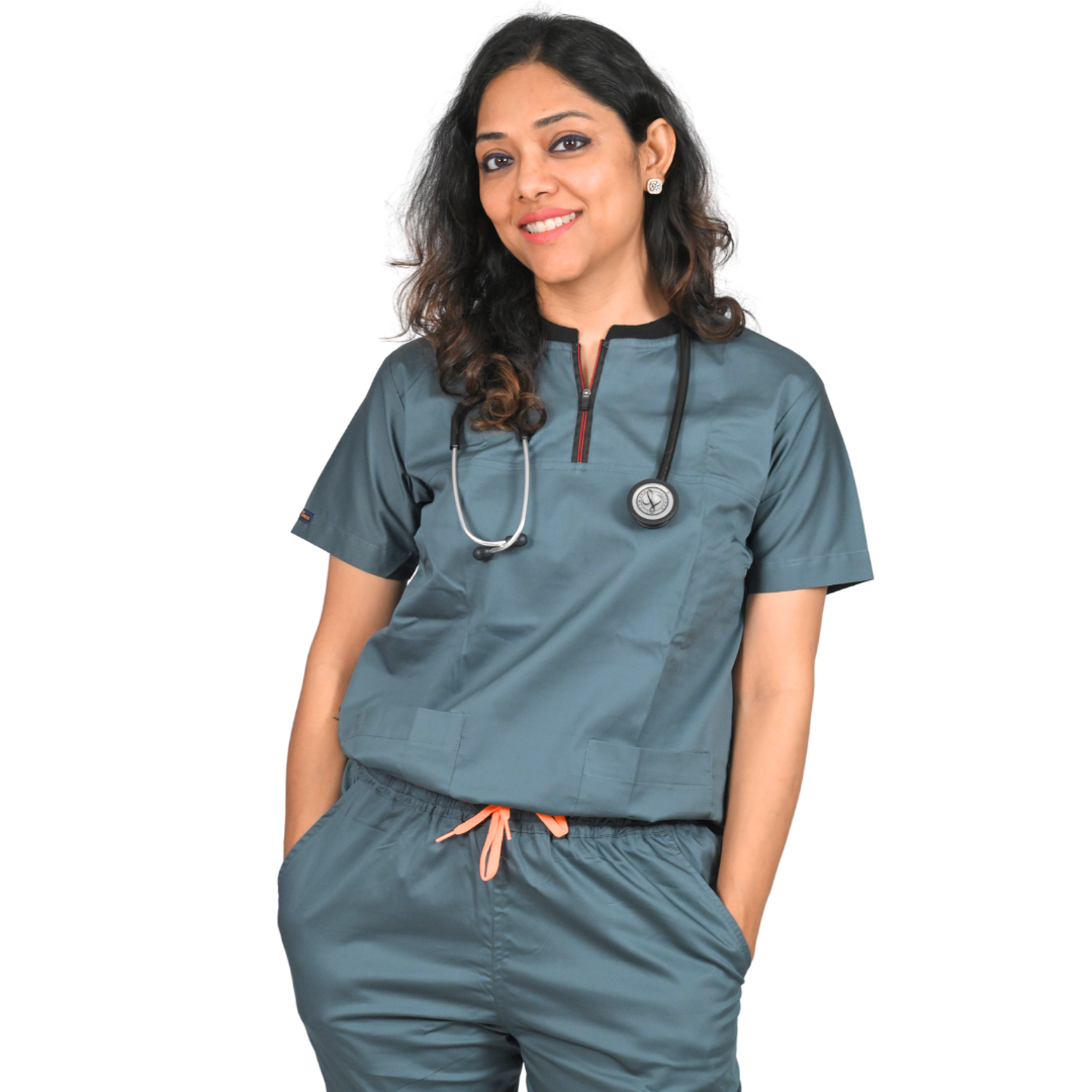 MedTogs round zip neck women doctor scrub suit in grey colour