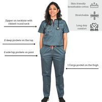 MedTogs elegant round neck women scrub suit in grey colour for OPD to OT surgical wear for doctors and dentists