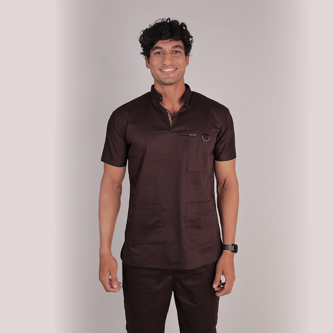 Men Mahogany High Neck Stretch Scrubs