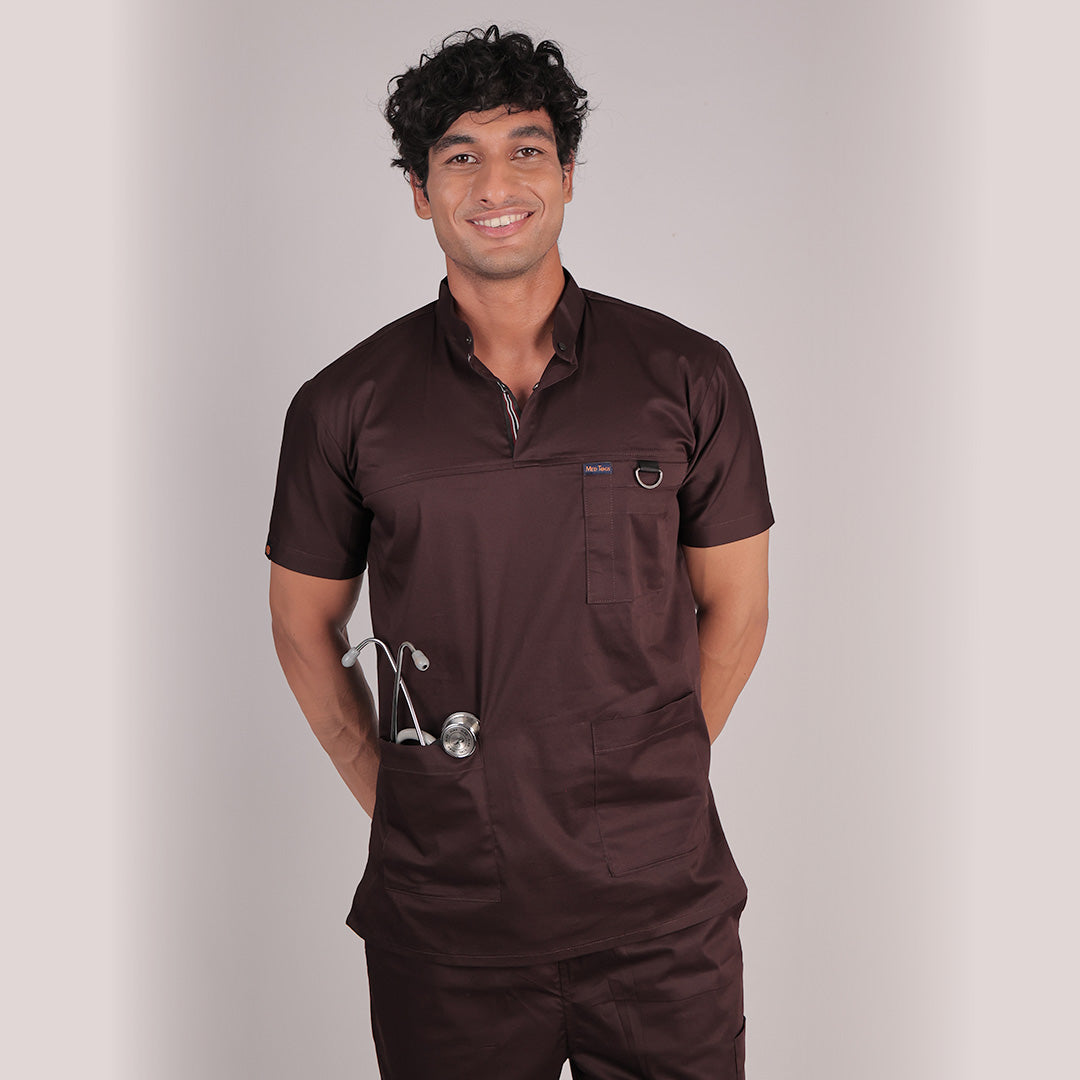 Men Mahogany High Neck Stretch Scrubs