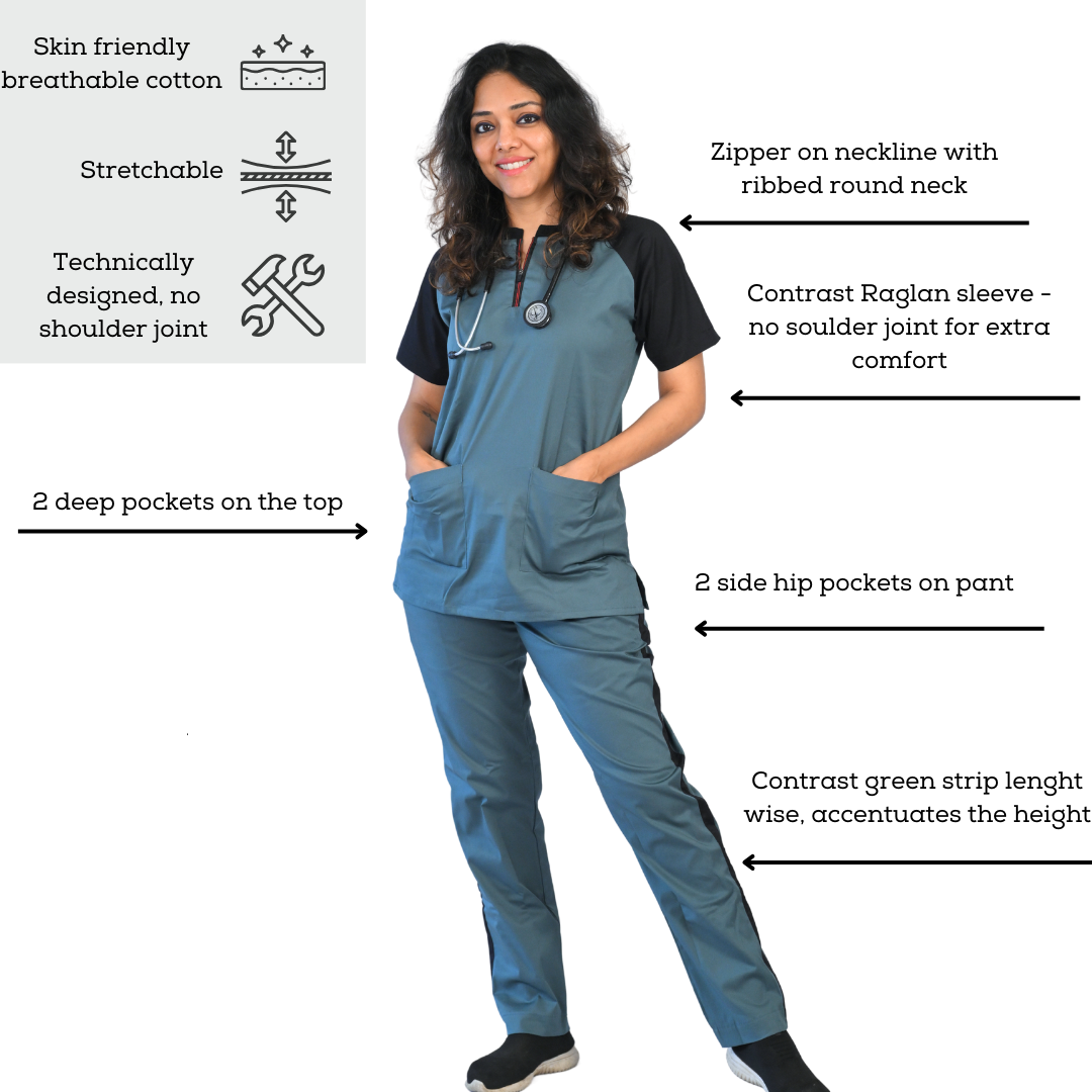 women doctor scrubs in stretchable grey black colour