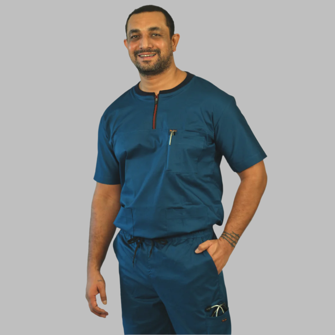 Teal blue Ribbed Zip neckline scrubs