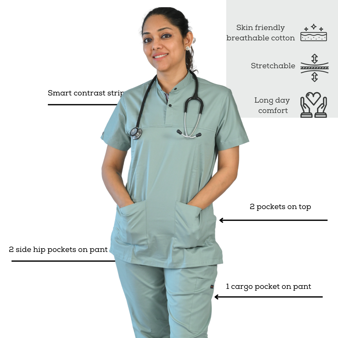 Discover our mint Chinese neck women's doctor scrubs, meticulously designed with cotton stretchable fabric, catering to surgeons, dentists, and all healthcare professionals. Experience the perfect blend of style and comfort in these high-quality scrubs tailored for medical practitioners.