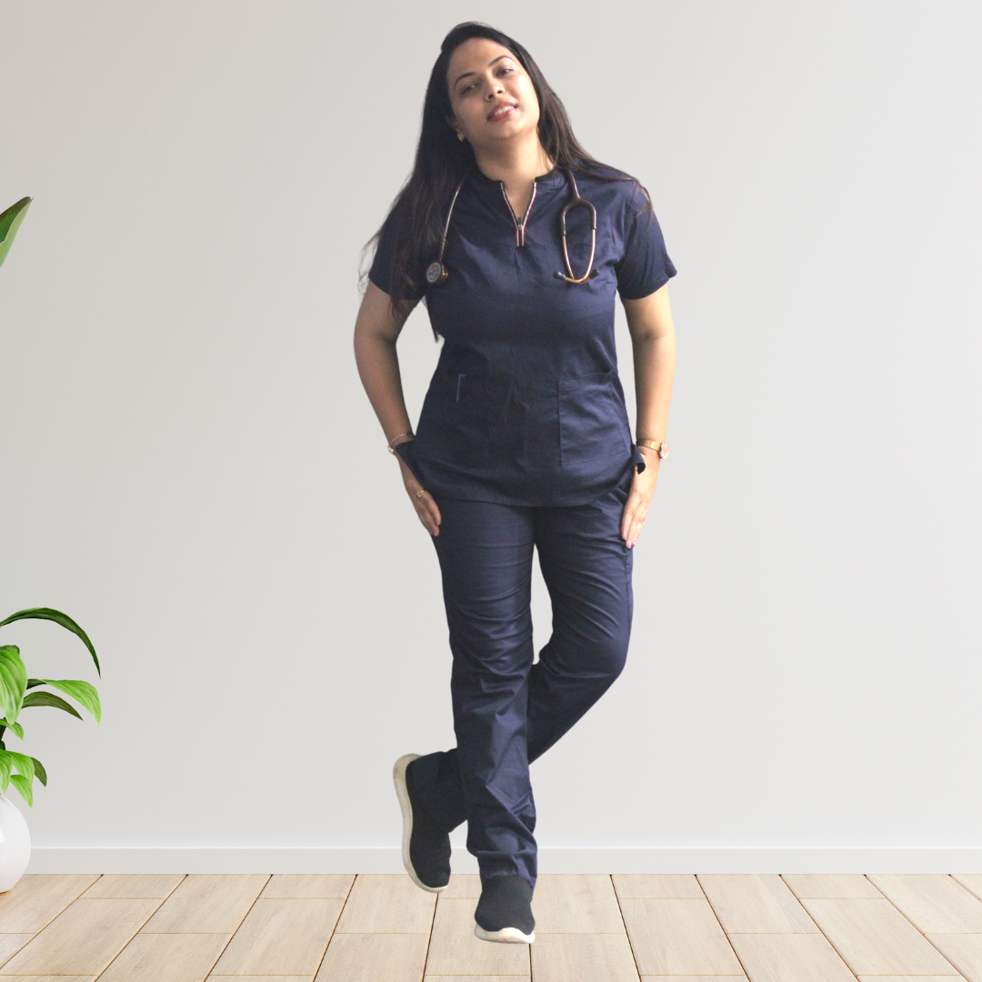Oxford blue zip neck women scrubs
