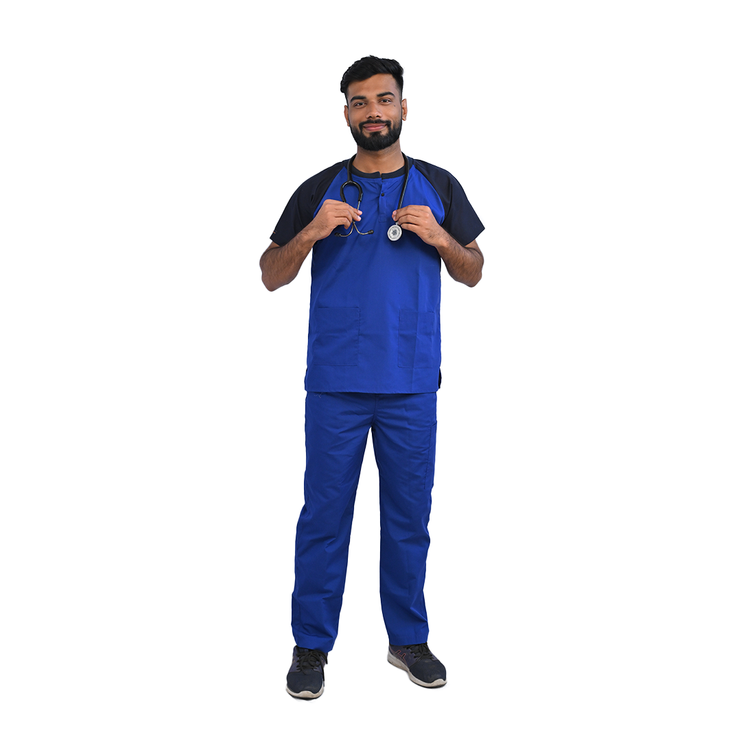 Blue doctor scrubs for long hospital shifts. Male and female doctors OT uniform. 