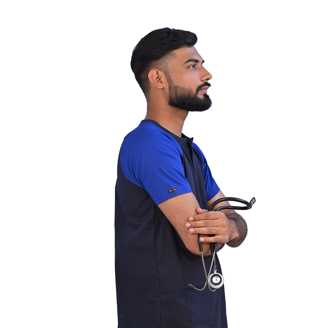 Simple navy blue scrubs for hospital. Cargo pocket scrubs. Comfortable scrubs for healthcare professionals