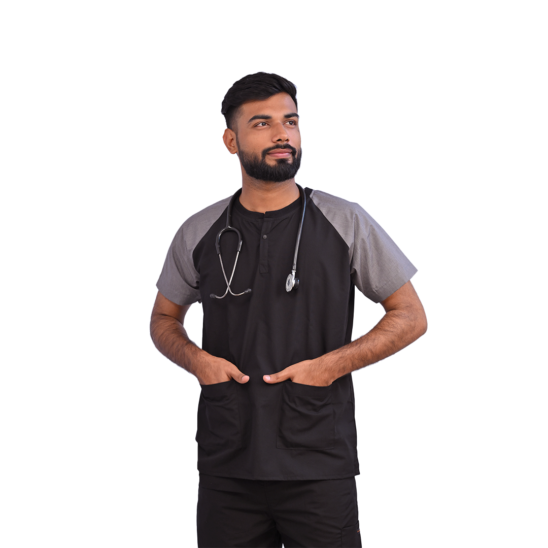 MedTogs scrubs in black grey for men and women doctors. Classic dual colour scrubs. Available in sizes XS to 3XL and custom sizing available. 