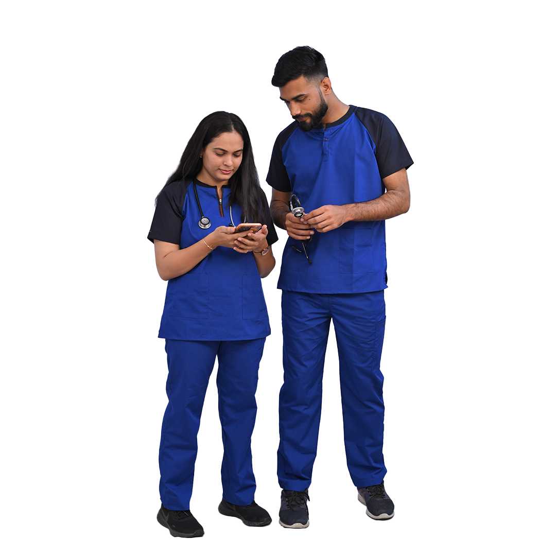 MedTogs scrubs for men and women doctors. Classic dual colour scrubs. Available in sizes XS to 3XL and custom sizing available. 