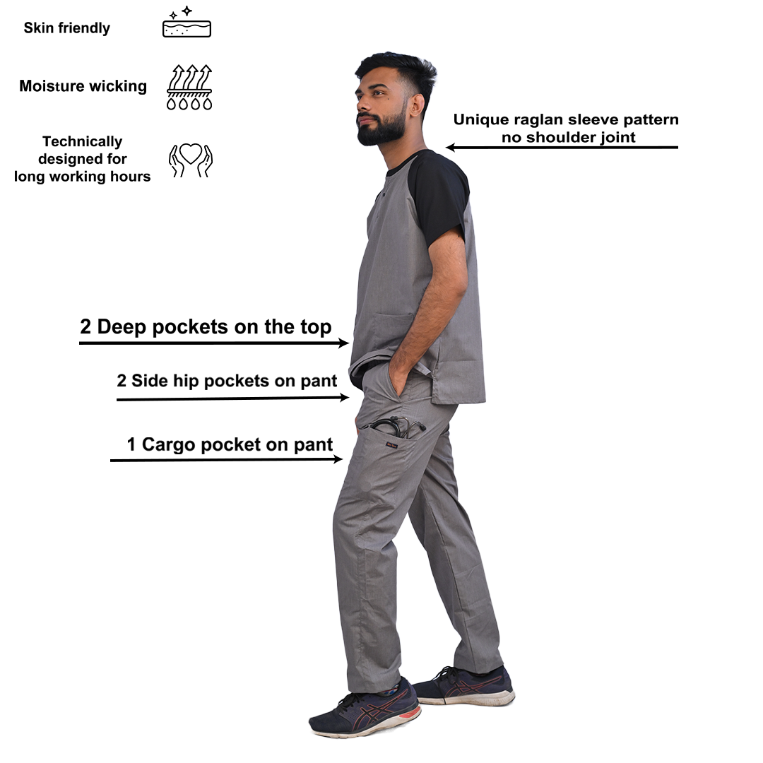 Grey scrubs for doctors and nurses. Comfortable scrubs for men and women doctors. Cargo pocket scrub pants in jogger pant and straight pant. Custom sizing, hospital logo and doctor name available