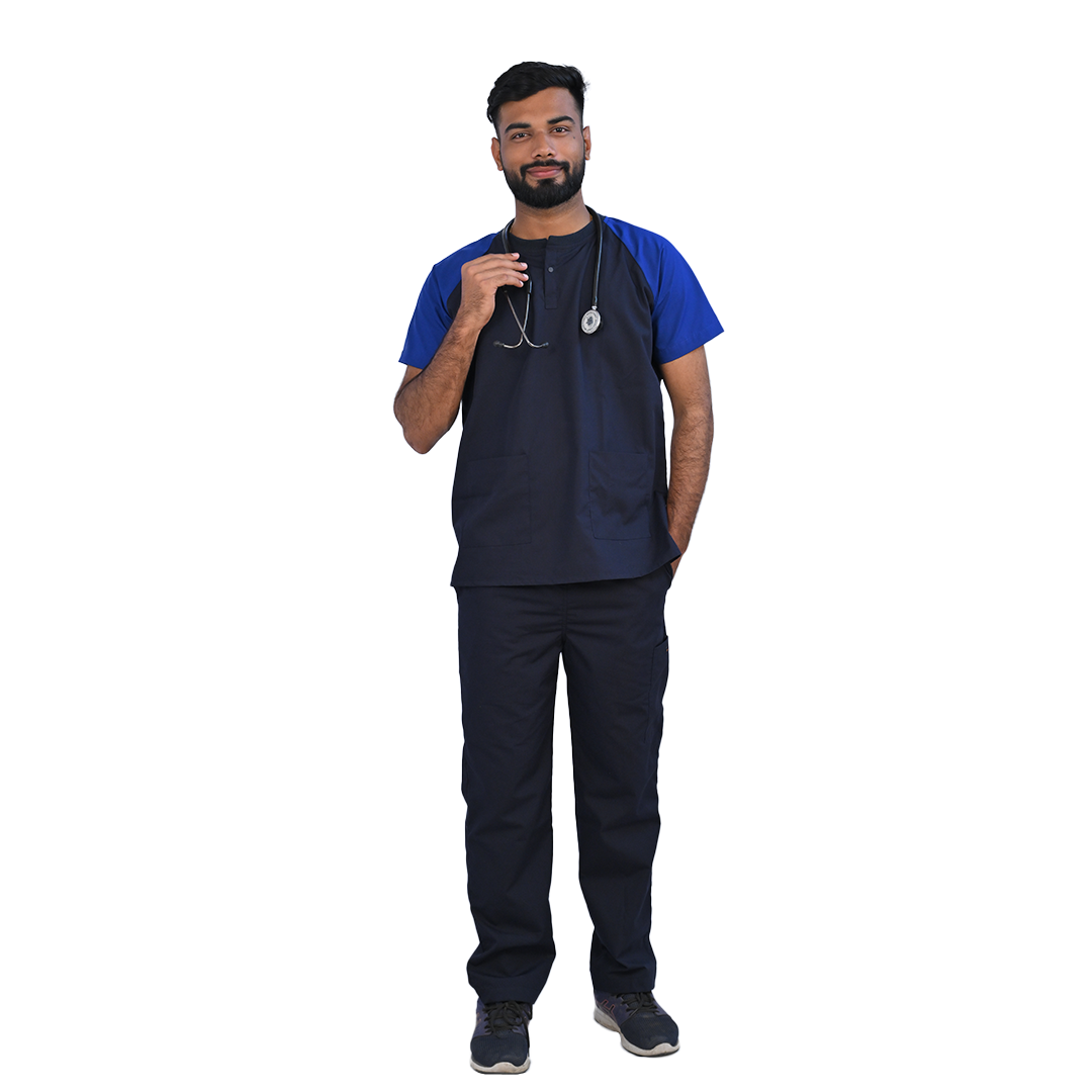 Skin friendly dark blue scrubs for hospital. Cargo pocket scrub pants in jogger pant and straight pant. Comfortable scrubs for healthcare professionals