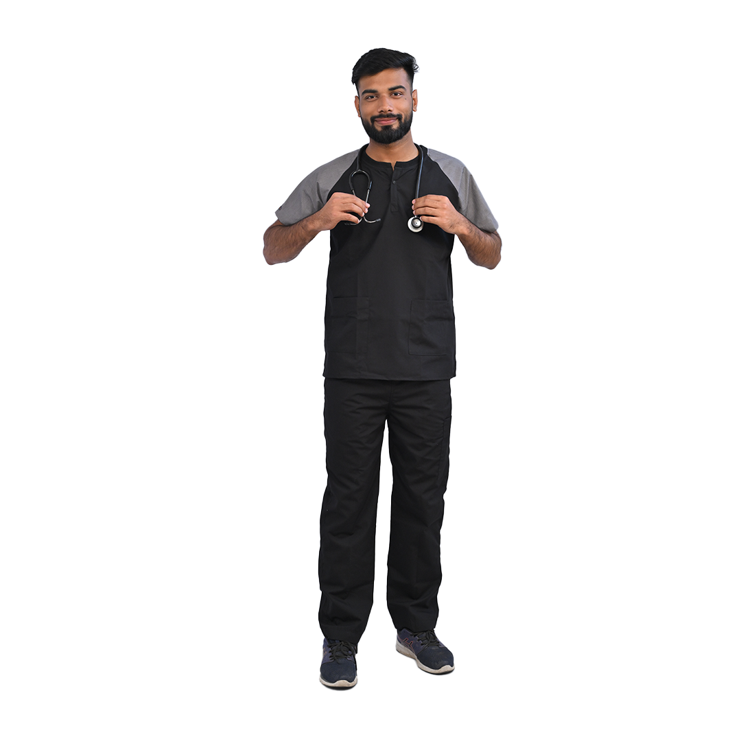 Grey scrubs for doctors and nurses. Comfortable scrubs for healthcare professionals. Cargo pocket scrub pants in jogger pant and straight pant. Custom sizing, hospital logo and doctor name available 