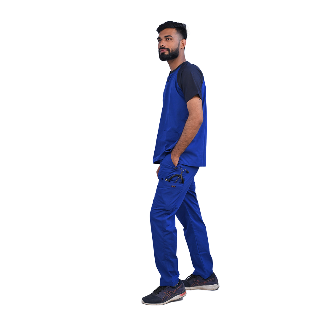 Skin friendly blue scrubs for hospital. Cargo pocket scrub pants in jogger pant and straight pant. Comfortable scrubs for healthcare professionals
