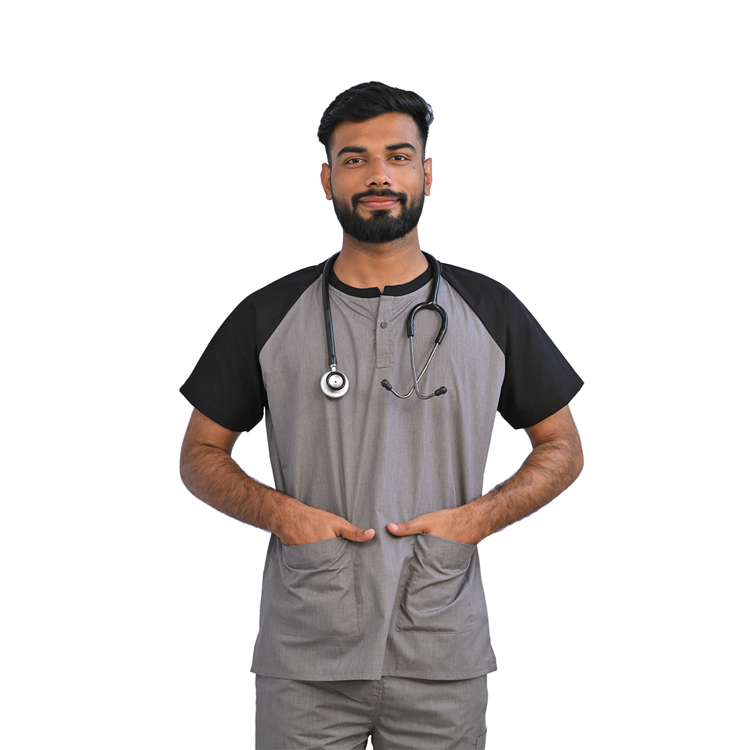 Grey scrubs for doctors and nurses. Comfortable scrubs for healthcare professionals. Cargo pocket scrub pants in jogger pant and straight pant. Custom sizing, hospital logo and doctor name available