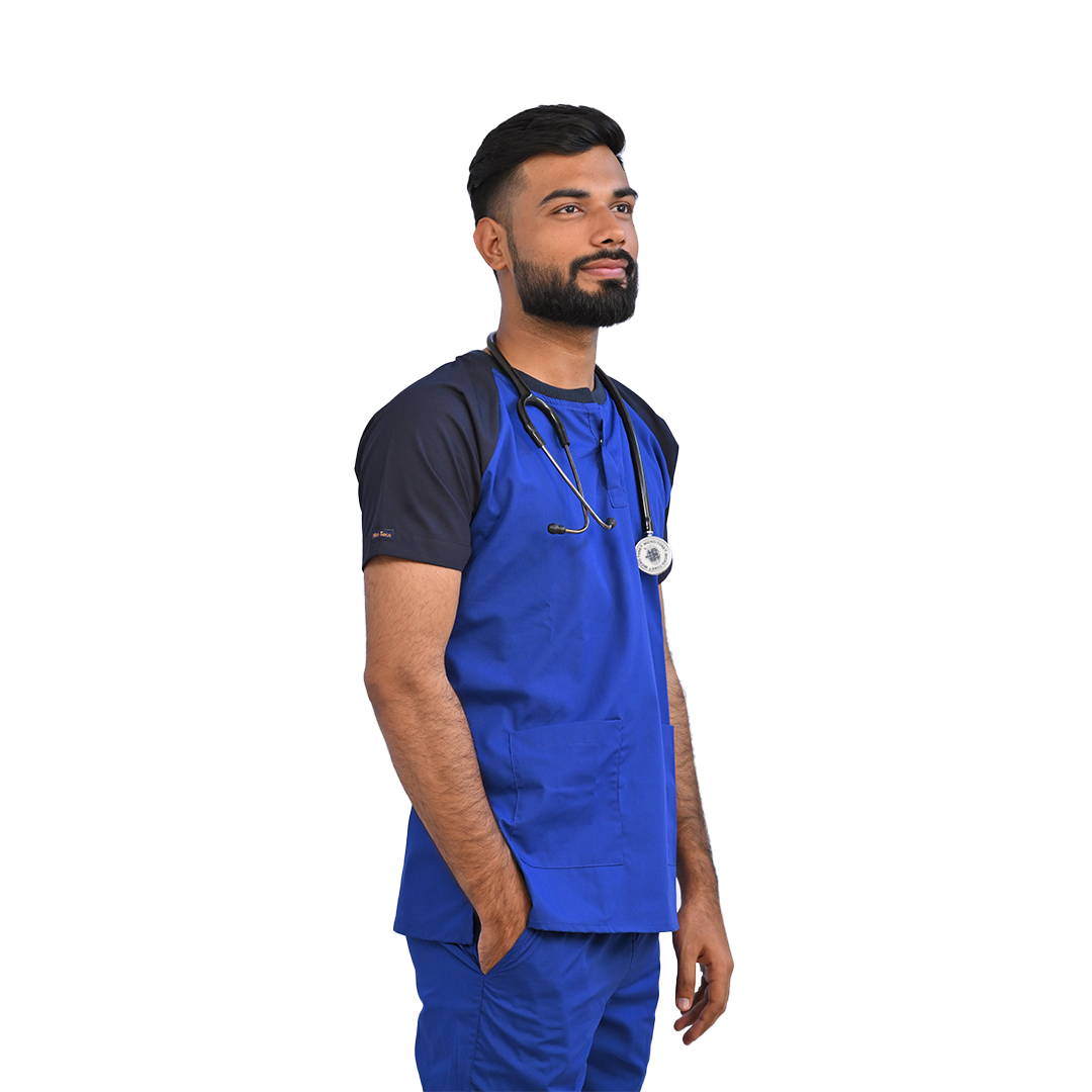Blue scrubs for hospital uniform. Doctor OT surgical scrubs for medical professional. Custom sizes for Men and women doctors.