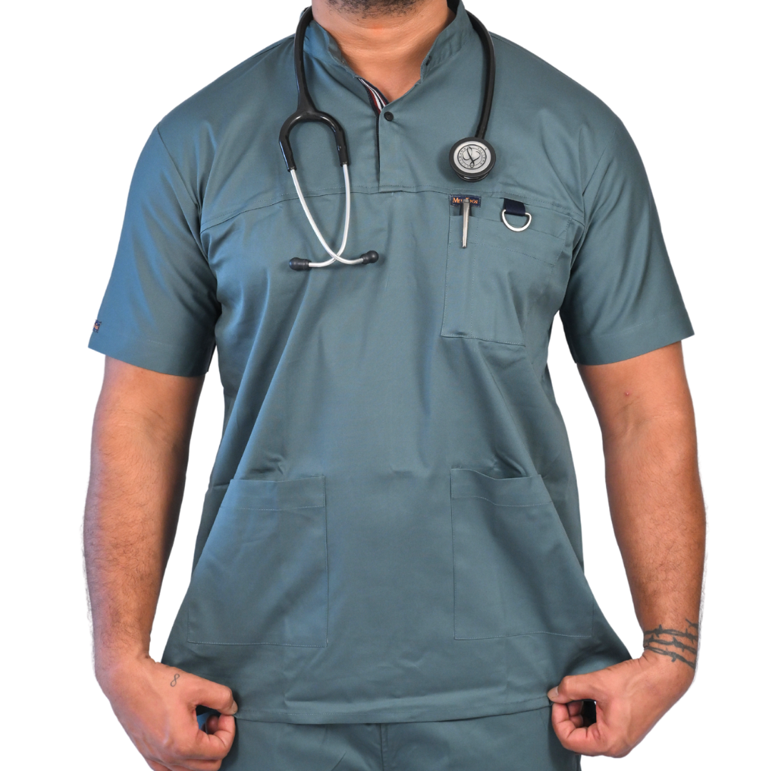 Standing collar men doctor scrubs in cotton stretchable fabric and smart style