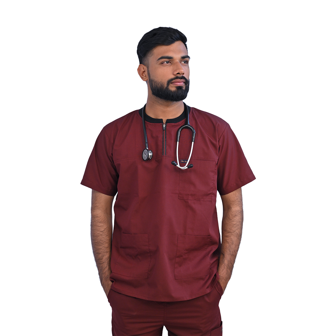 Maroon scrubs for doctors and nurses. Comfortable scrubs for healthcare professionals. Cargo pocket scrub pants in jogger pant and straight pant. Custom sizing, hospital logo and doctor name available 