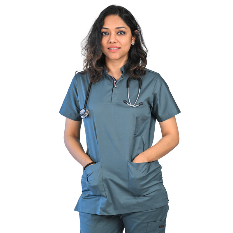 standing collar grey blue women scrubs in cotton stretchable fabric for hospital wear