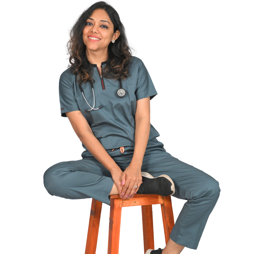 MedTogs round zip neck stylish women doctor scrub suit in grey colour and stretchable cotton fabric