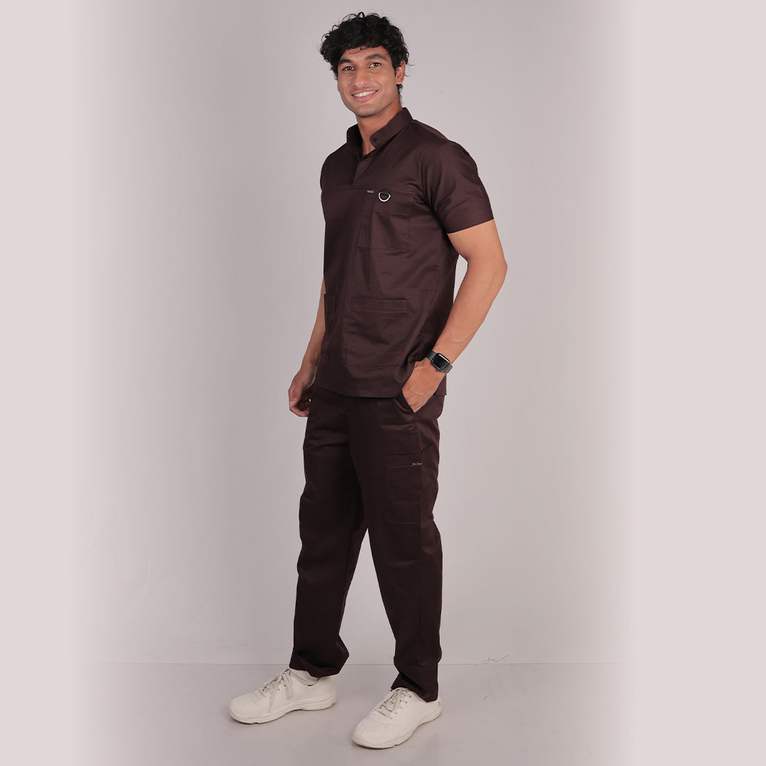 Men Mahogany High Neck Stretch Scrubs