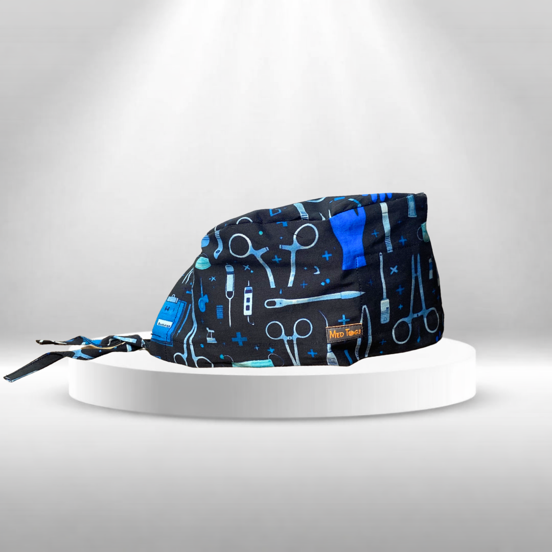 Unisex surgical scrub cap with medical instruments and OT lights print