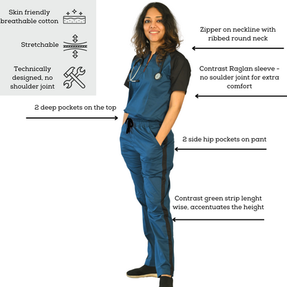 Blue black Dual Scrub Set for Women(Top + Pant)