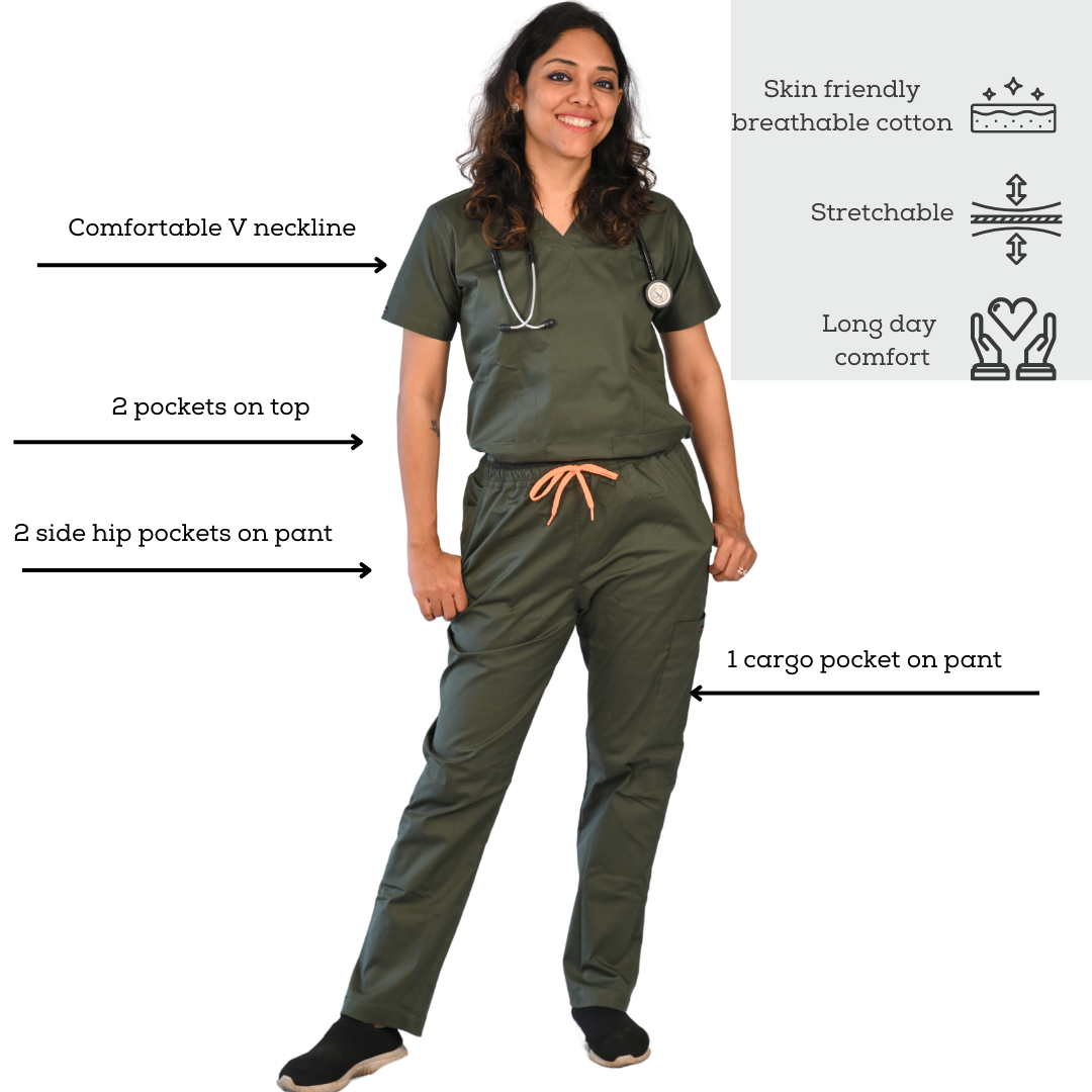 Fresh eco green forest green colour with good retention cotton stretchable scrubs
