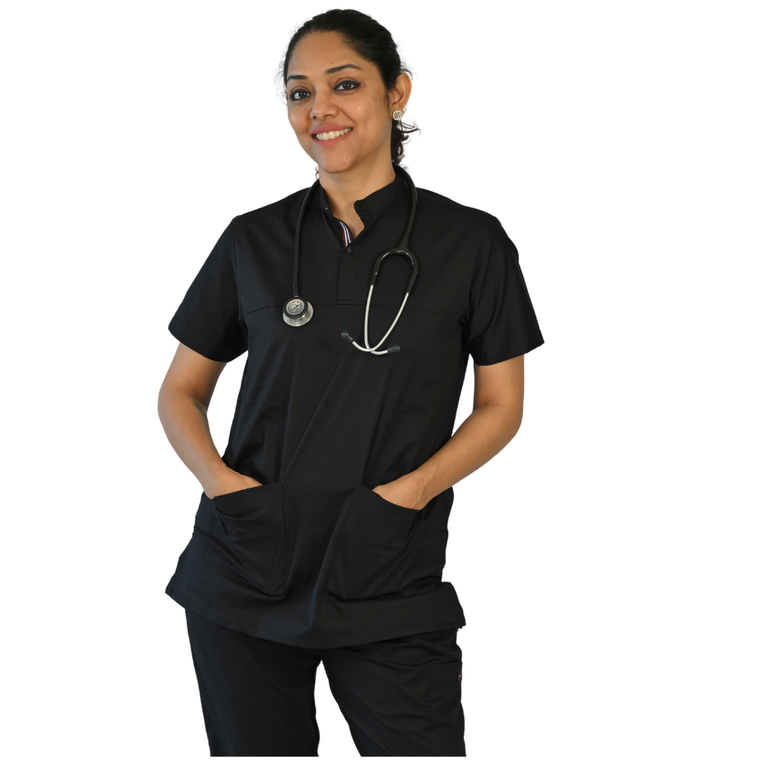 Explore our timeless black high-neck scrubs, meticulously crafted from comfortable cotton stretchable fabric, perfect for women doctors enduring long working days. Choose from various sizes to ensure a flattering fit that prioritizes comfort. Elevate your professional attire with these classic black scrubs designed for both style and functionality.