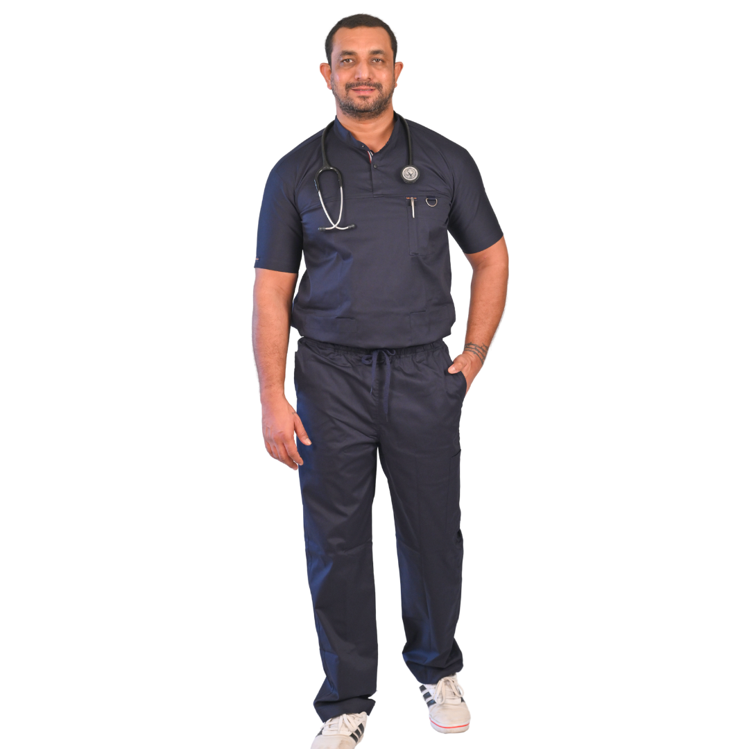 Navy blue high collar cotton stretchable doctor scrubs for hospital wear