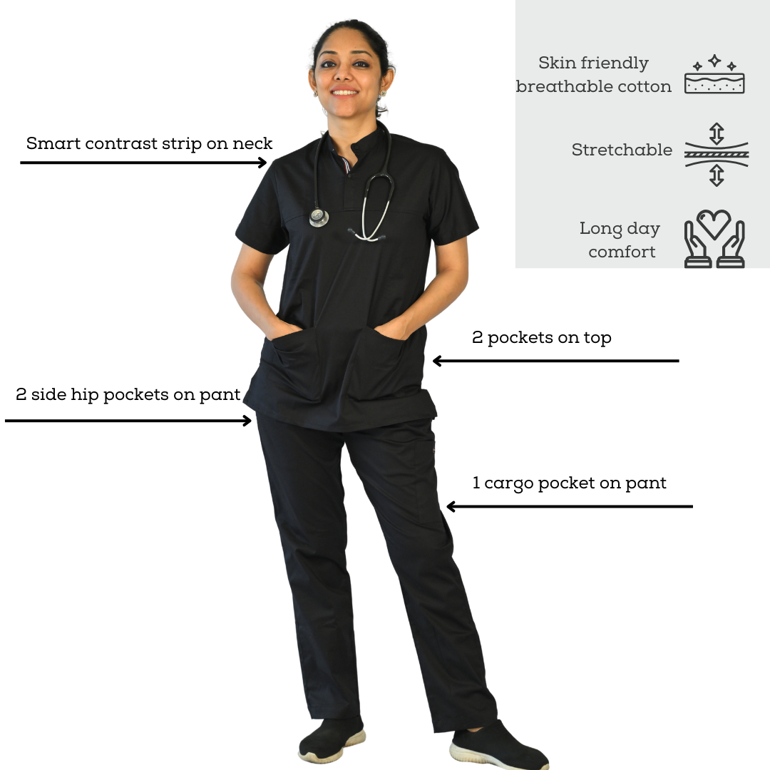 Classy black high neck scrubs for women doctors. Perfect for long day in hospital and clinics. Stylish and comfortable.