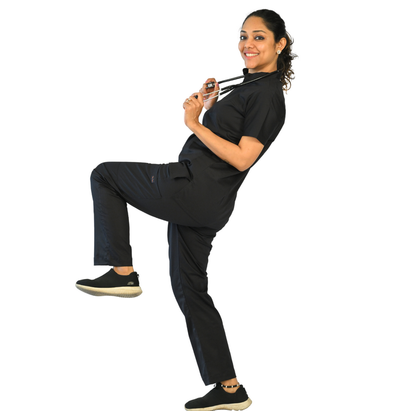 Discover the enduring appeal of our classic black high-neck scrubs, expertly crafted from comfortable cotton stretchable fabric, ideal for women doctors facing long working days. Choose from various sizes to ensure a perfect fit tailored for comfort. Experience how long working days can be enjoyable with these stylish and functional scrubs. 