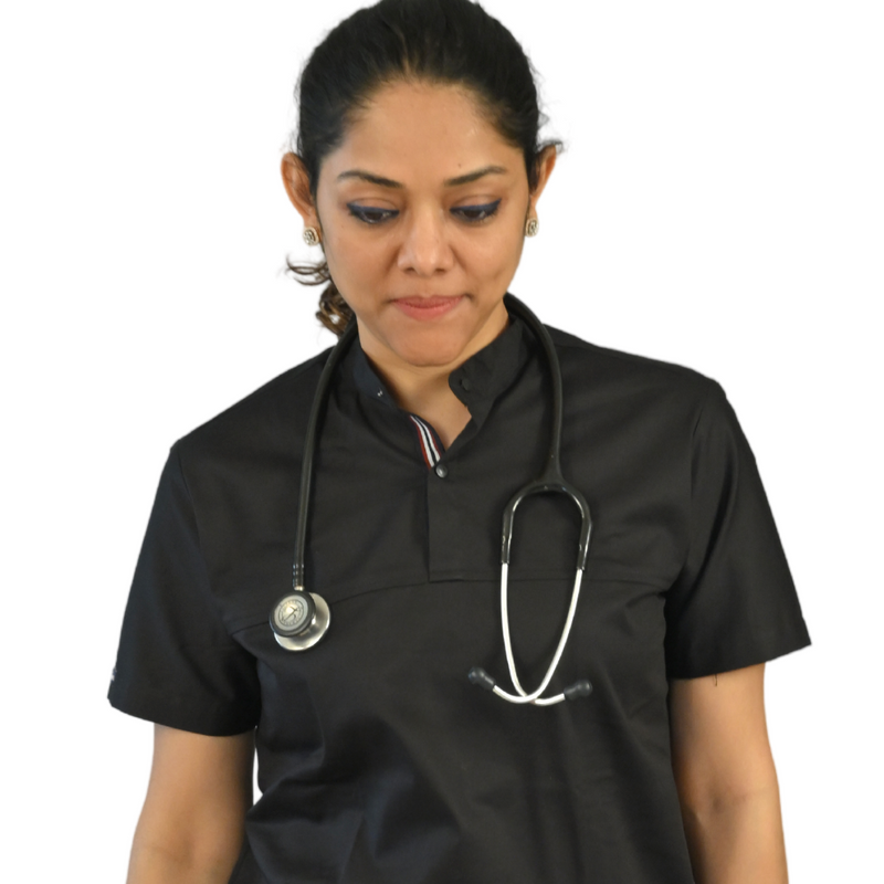 Discover the enduring elegance of our classic black high-neck scrubs, expertly tailored from comfortable cotton stretchable fabric to provide utmost comfort during long working days for women doctors. Available in various sizes to ensure a perfect fit, these scrubs are designed to make your extended workdays enjoyable. Elevate your professional attire with these versatile and comfortable black scrubs crafted for both style and functionality.