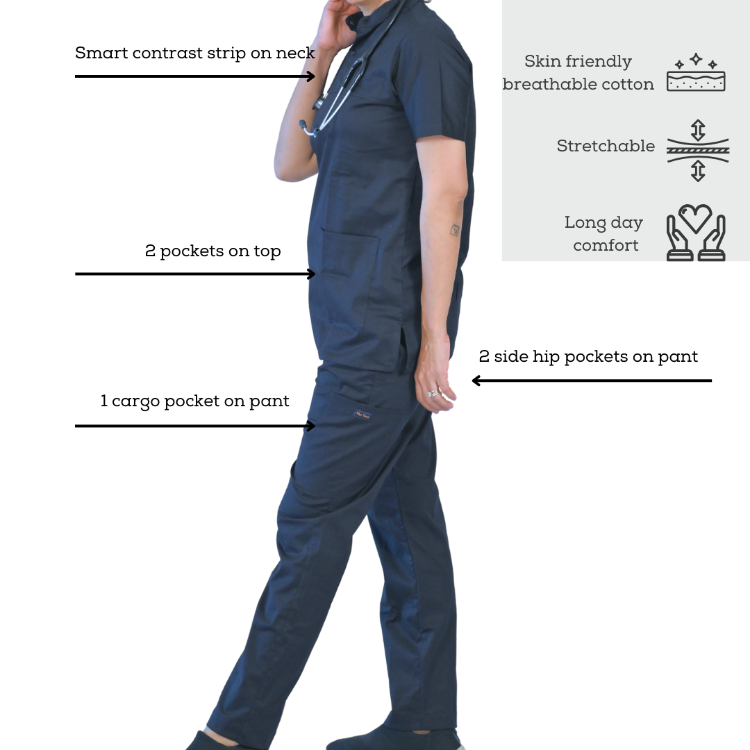 Smart classic high neck women doctor scrubs for long hospital working hours. Loaded with pockets.