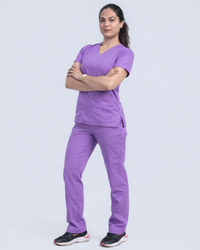 Purple V-neck women's scrubs made from stretchable cotton - heather purple color