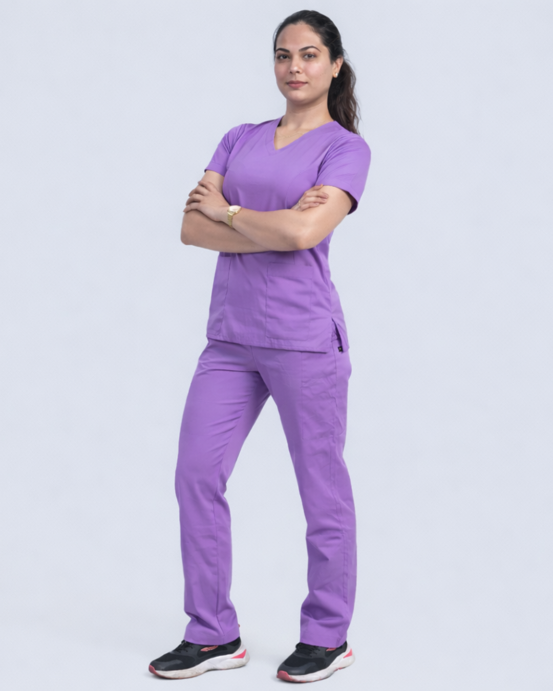 Purple V-neck women's scrubs made from stretchable cotton - heather purple color