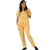 vibrant yellow V-neck scrubs, crafted from comfortable cotton stretchable fabric, perfect for women doctors facing long working days. Available in various sizes, these scrubs are designed to blend style and functionality seamlessly. Embrace the idea that long working days can be enjoyable.