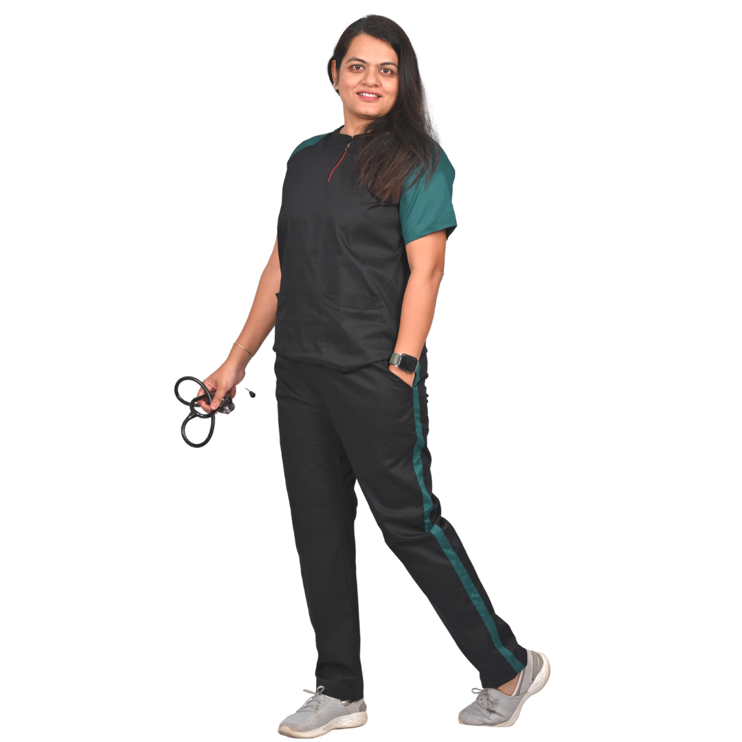 Black green dual colour Scrub Set (Top + Pant)