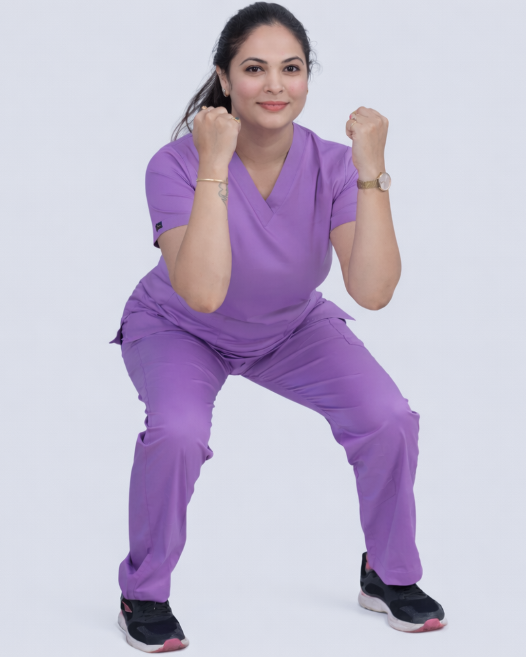 Heather purple cotton scrub top for nurses and healthcare professionals