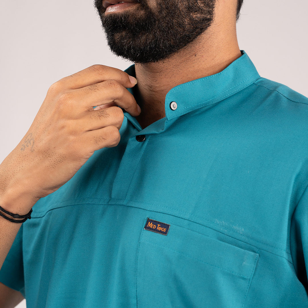 teal blue scrubs, teal medical scrubs, high neck scrubs, everyday scrubs, scrubs for doctors, scrubs for residents, MedTogs scrubs, scrubs for healthcare professionals, wrinkle free scrubs