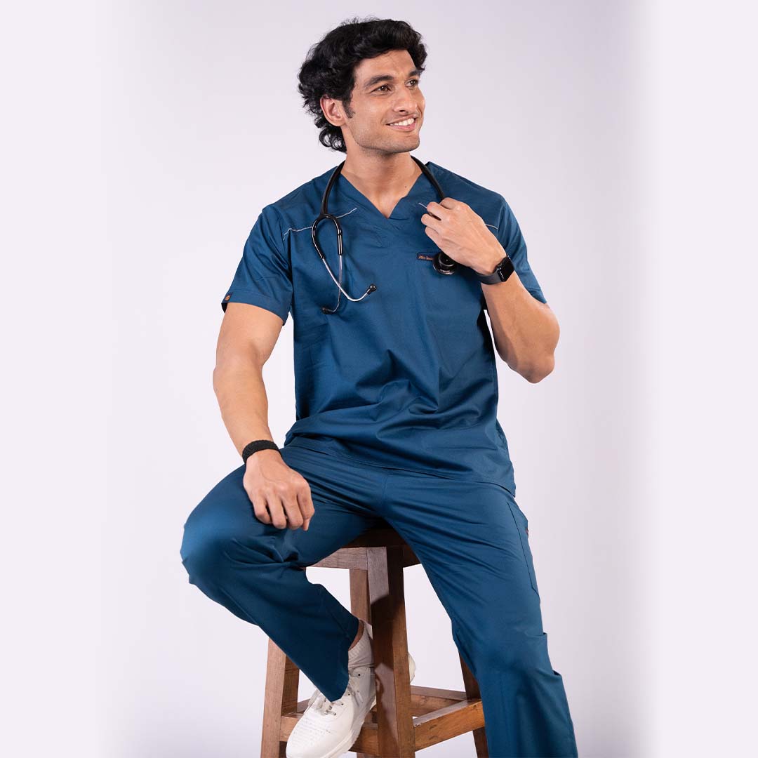 Men Remedial blue V neck Stretch Scrubs