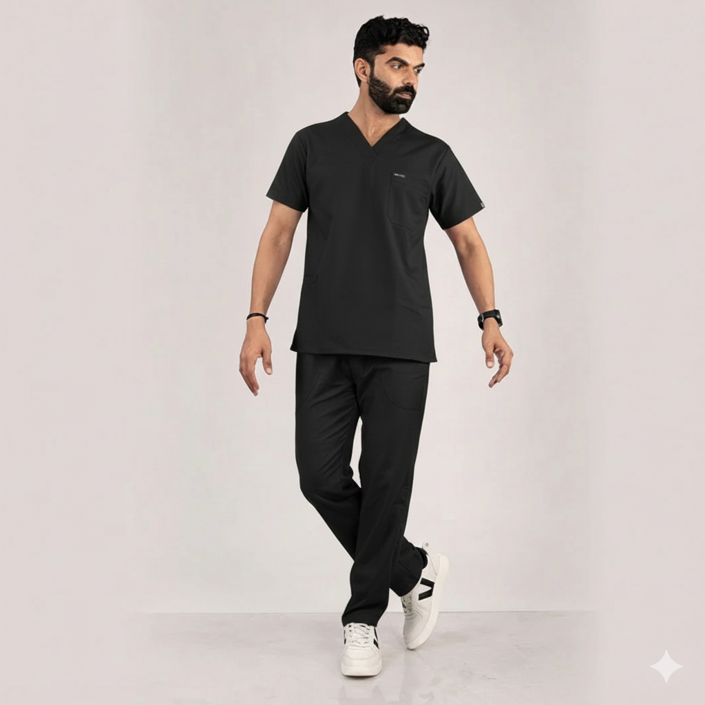men v-neck black wrinkle free scrubs India
