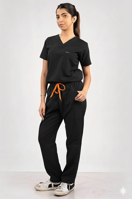 black v-neck hospital OT scrubs women doctors india