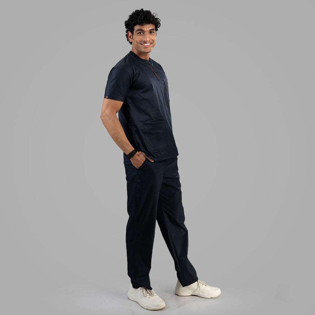 Men Oxford Blue Ribbed Zip neckline scrubs