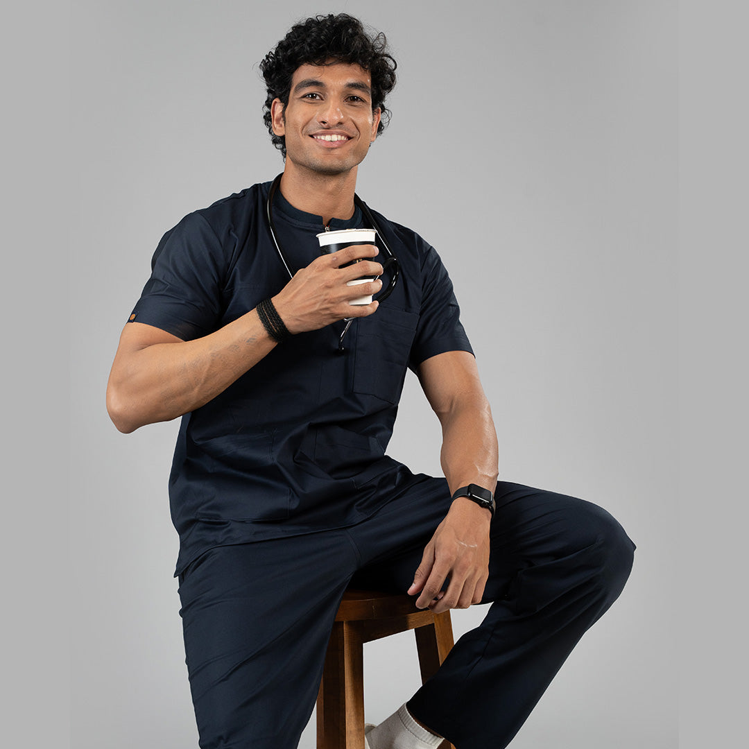 Men Oxford Blue Ribbed Zip neckline scrubs
