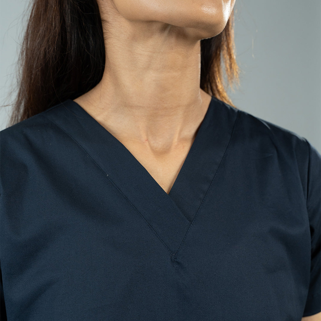 Women's Oxford Blue Cotton Stretch Scrubs – V Neck
