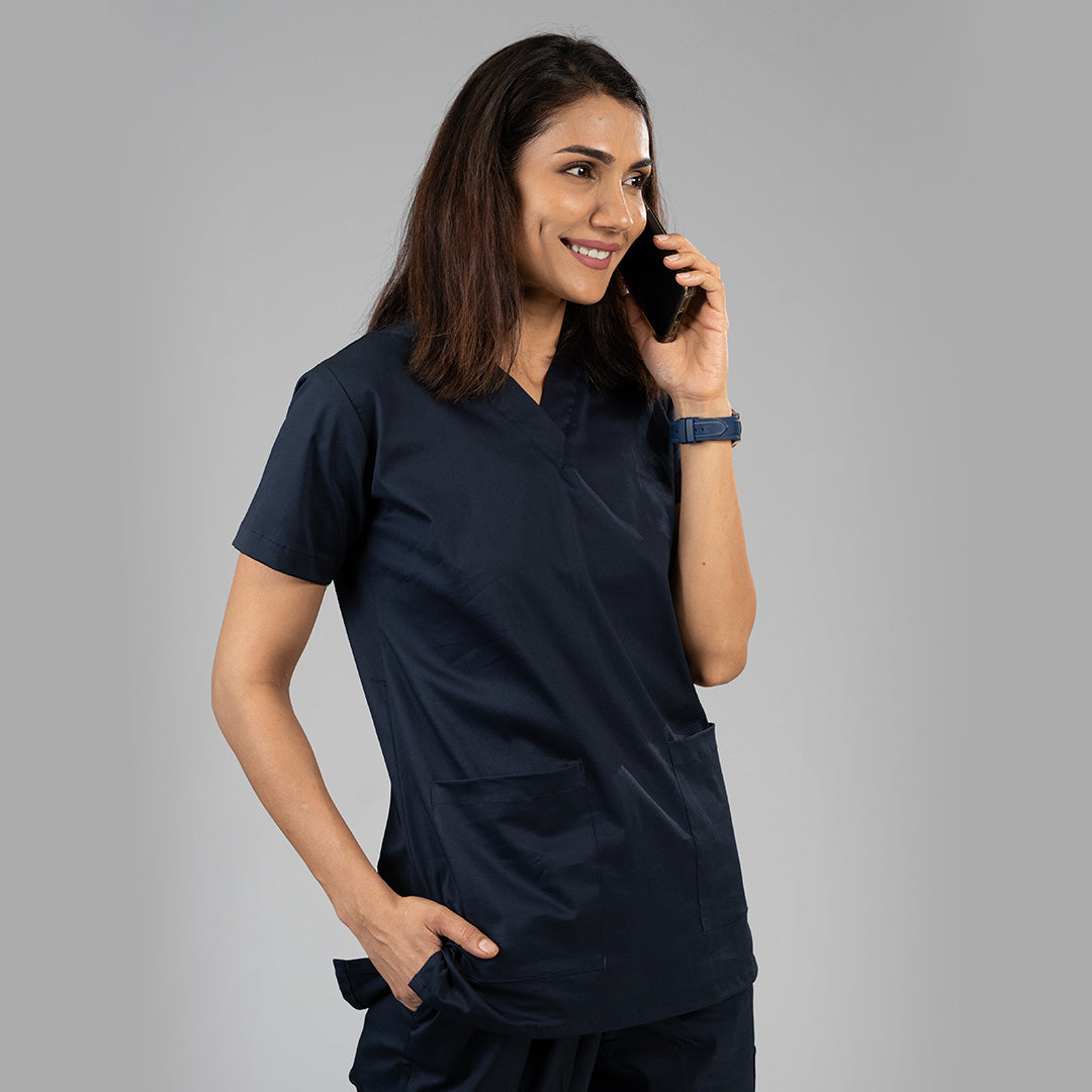 Women's Oxford Blue Cotton Stretch Scrubs – V Neck