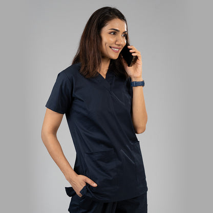 Women's Oxford Blue Cotton Stretch Scrubs – V Neck