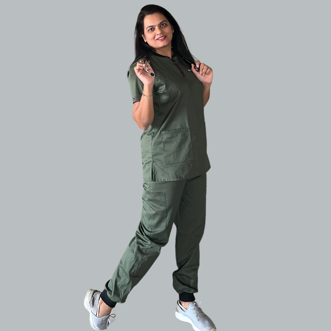 Eco green zip neck scrubs for women