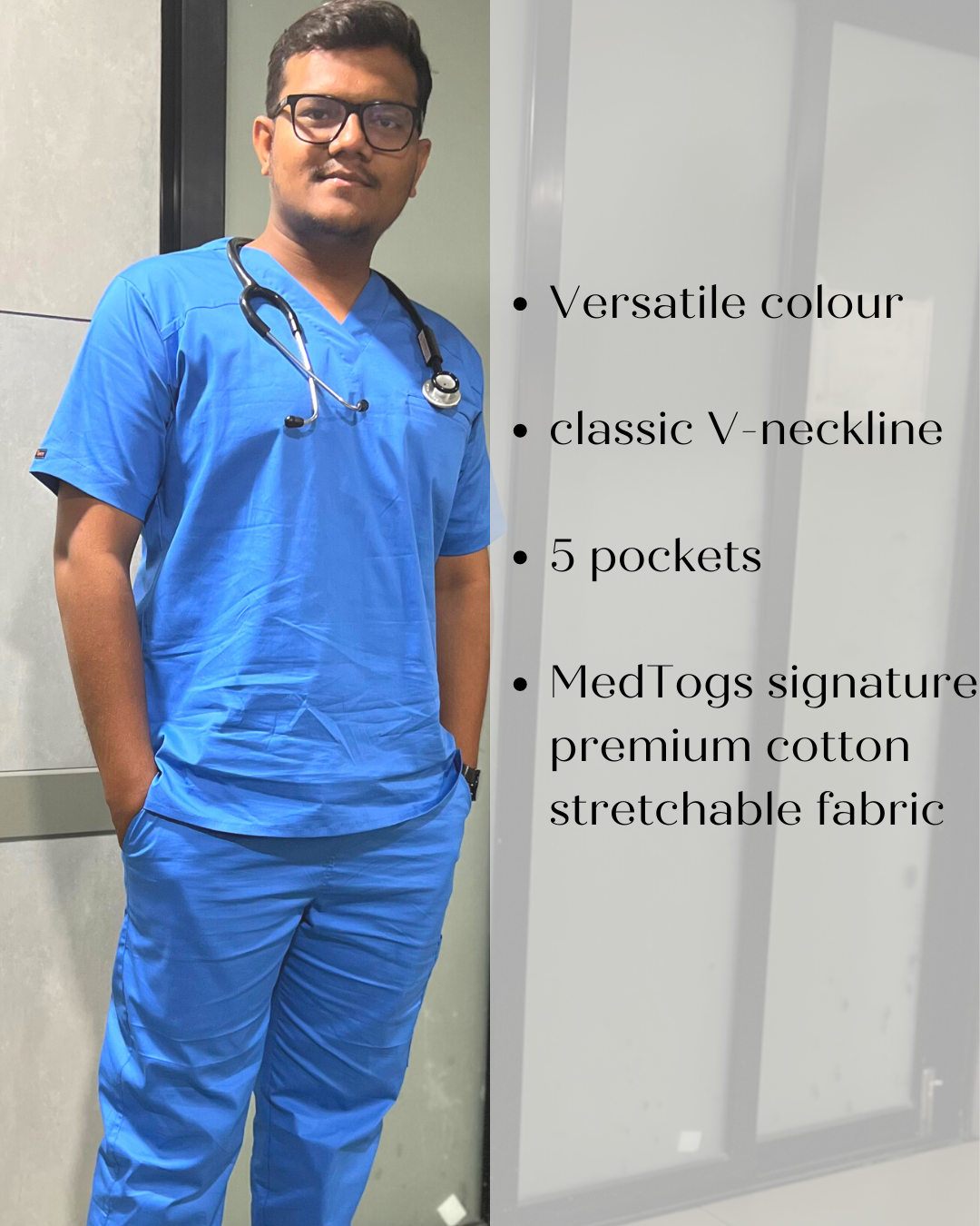 Azure Blue V neck stretch cotton scrubs