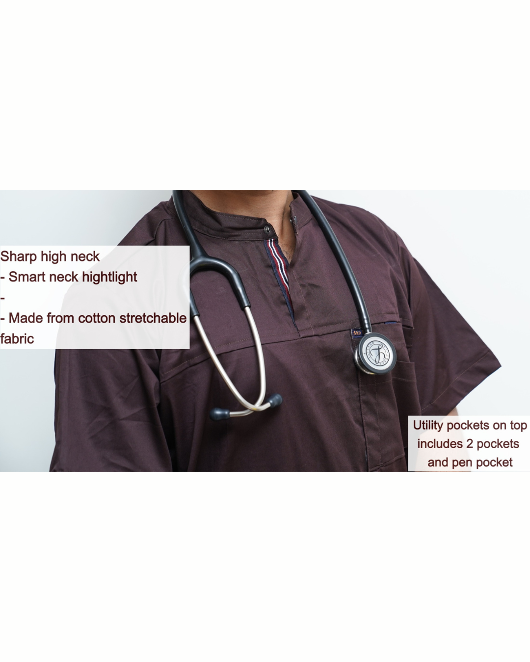 Men Mahogany High Neck Stretch Scrubs